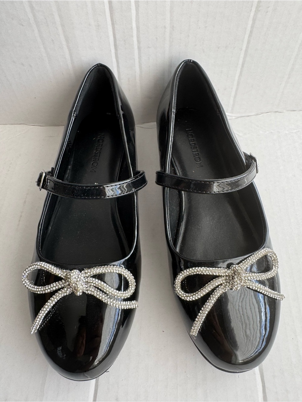 Nordstrom Black Patent Mary Jane Flats with Crystal Bow Accent